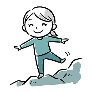 不安定な岩場の上でバランスを保ちながら笑顔で進む適応力のある女性のイラスト
