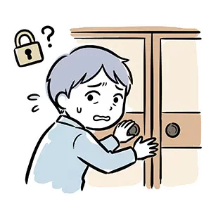 冷や汗を流しながら鍵の施錠を何度も確認する心配性な男性のイラスト