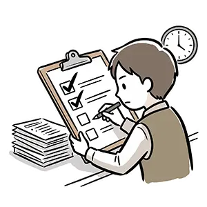 バインダーに挟んだチェックリストを真剣に確認しペンで記入する計画的な男性のイラスト
