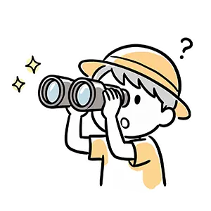 探検帽をかぶり双眼鏡を覗いてワクワクしている好奇心旺盛な子どものイラスト