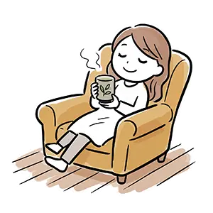 ソファでお茶を飲みながら穏やかにくつろぐ大らかでマイペースな女性のイラスト