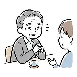 テーブル越しに相手の話を穏やかな笑顔で熱心に聞く聞き上手なシニア男性のイラスト