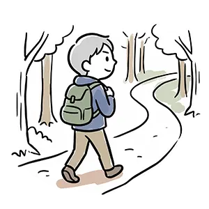リュックを背負って森の道を一人でマイペースに歩く独立独歩な男性のイラスト