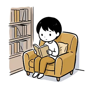 ソファに座って静かに読書を楽しむ内向的でおとなしい男性のイラスト
