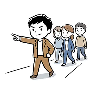進むべき方向を指差してメンバーを先導するリーダー気質な男性のイラスト