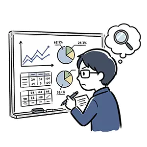 ホワイトボードのグラフやデータをペンを持ちながら真剣に分析する論理的な男性のイラスト