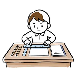 机の上の紙やペンを定規を使ってきっちりと真っ直ぐ整える几帳面な男性のイラスト