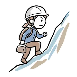 ヘルメットをかぶり急な斜面を一歩ずつ着実に登る忍耐強い人物のイラスト