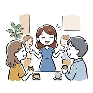 カフェで友人たちと笑顔で楽しそうに交流する社交的で外交的な女性のイラスト