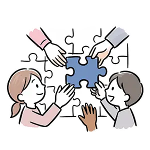 複数の手でパズルを完成させ協調性とチームワークを表現したイラスト