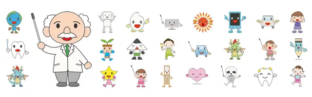 博士、歯、車、太陽、スマホ、鉛筆、おにぎり、地球、ハートなどが擬人化され、案内したり笑顔を見せるイラストセット。職業や日常の物をモチーフにした、親しみやすくかわいいキャラクター素材です。