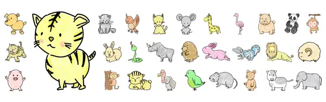 トラ、ブタ、ネズミ、キリン、パンダ、ライオン、ウサギ、サルなど、様々な動物をクレヨンや色鉛筆風のタッチで描いたイラストセット。素朴で温かみのある、かわいい動物キャラクターの素材詰め合わせです。