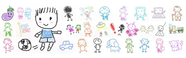 男の子、宇宙人、ナス、パンダ、ゾウ、車、てるてる坊主などを、子供の落書きのようなゆるいタッチで描いたイラストセット。線画にラフな色塗りを施した、脱力感のあるヘタウマ風キャラクター素材です。