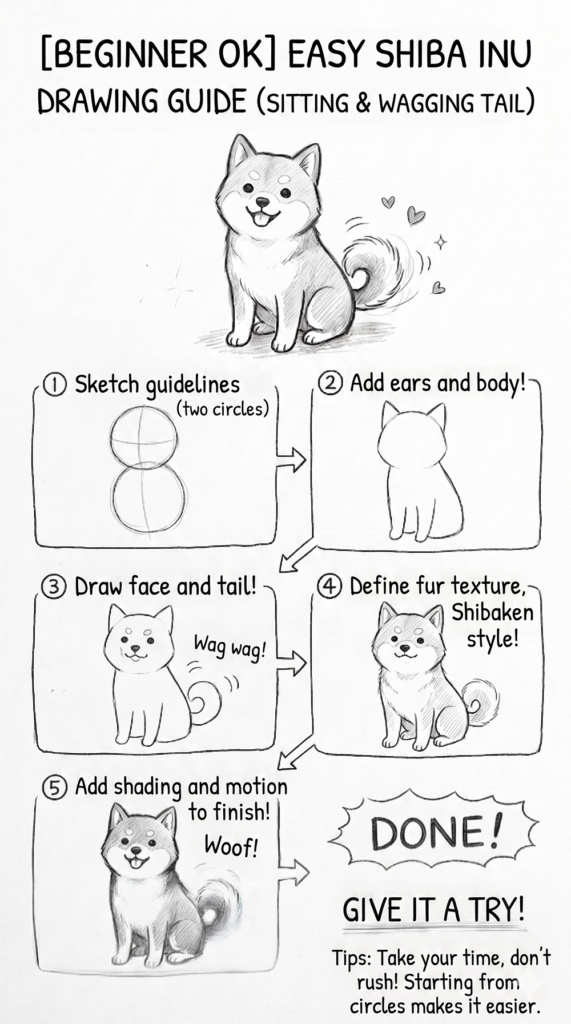 A step-by-step guide (English version) for beginners on how to draw an easy, cute Shiba Inu that is sitting and wagging its tail, in 5 steps.