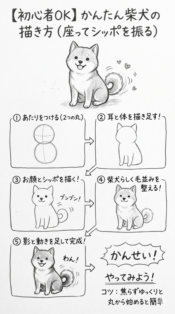 初心者向け！座って尻尾を振るかわいい柴犬の簡単な描き方を5ステップで解説したイラスト（日本語版）