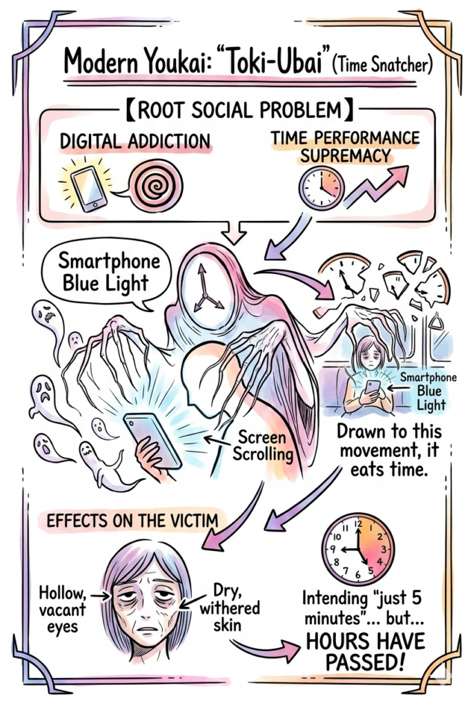 Graphic recording style illustration of "Tokiubai," a modern Japanese Yokai representing digital addiction, stealing time from a person using a smartphone.