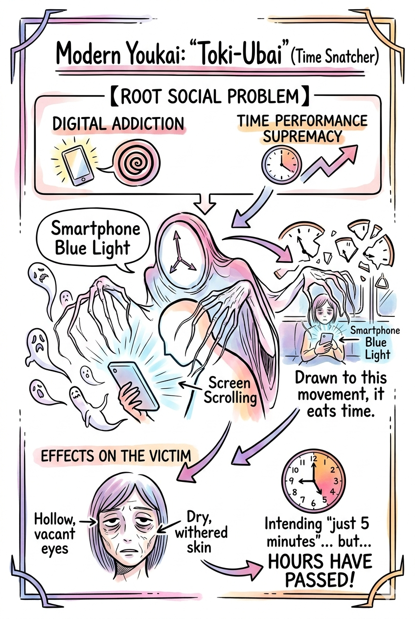 Tokiubai: The Time Stealer – Modern Japanese Yokai Born from Digital Addiction | Concept Illustration
