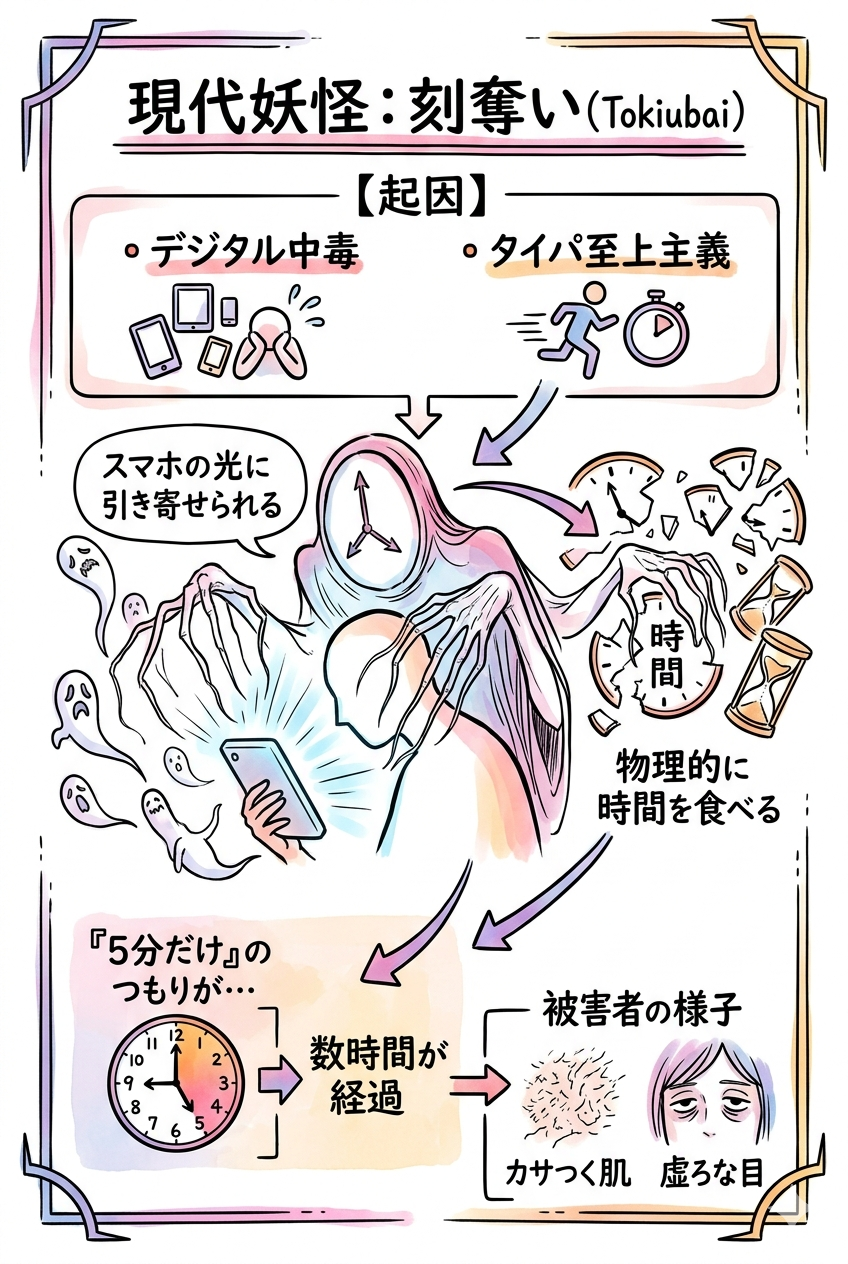 現代の妖怪「刻奪い（ときうばい）」：デジタル中毒が生んだ令和の怪異｜オリジナルイラスト解説