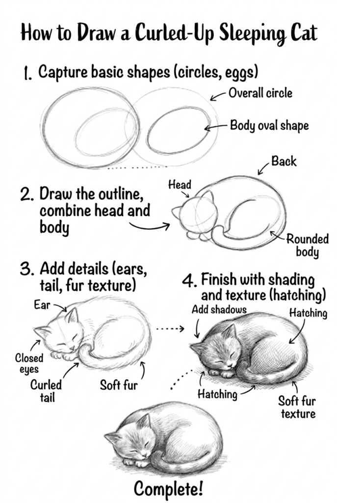 A step-by-step pencil drawing tutorial showing how to draw a curled-up sleeping cat in 4 stages, featuring basic shapes, outlines, and hatching techniques