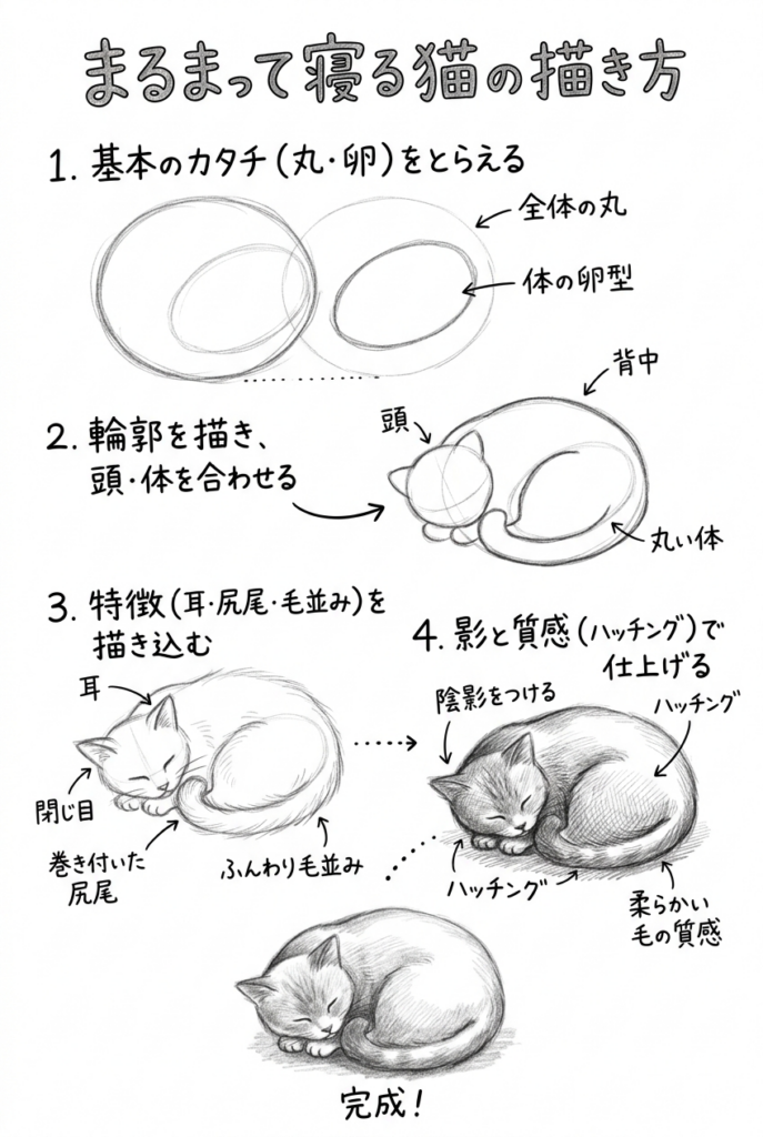 まるまって寝る猫の描き方を4つのステップで解説した、グラフィックレコーディング風の鉛筆イラストチュートリアル