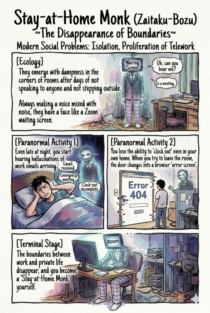 Infographic explaining "Zaitaku-Bozu," a fictional modern yokai born from remote work isolation. The creature, with a suit and pajama bottoms and a face like a Zoom screen, is depicted in four panels showing its nature and a victim's descent into the same state.