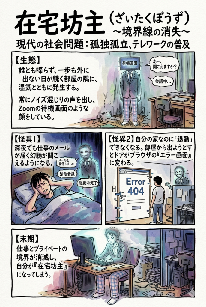 現代社会問題「孤独とテレワークの普及」から生まれた架空の妖怪「在宅坊主」の解説インフォグラフィック。スーツとパジャマ姿でZoom画面のような顔の妖怪の生態から末期症状までを4つのパネルで描いている。